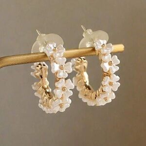 Elegant Gold and White Floral Hoop Earrings